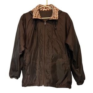 Lavon Reversible Collared Removable Hood Jacket Womens Sz L Brown Giraffe Print